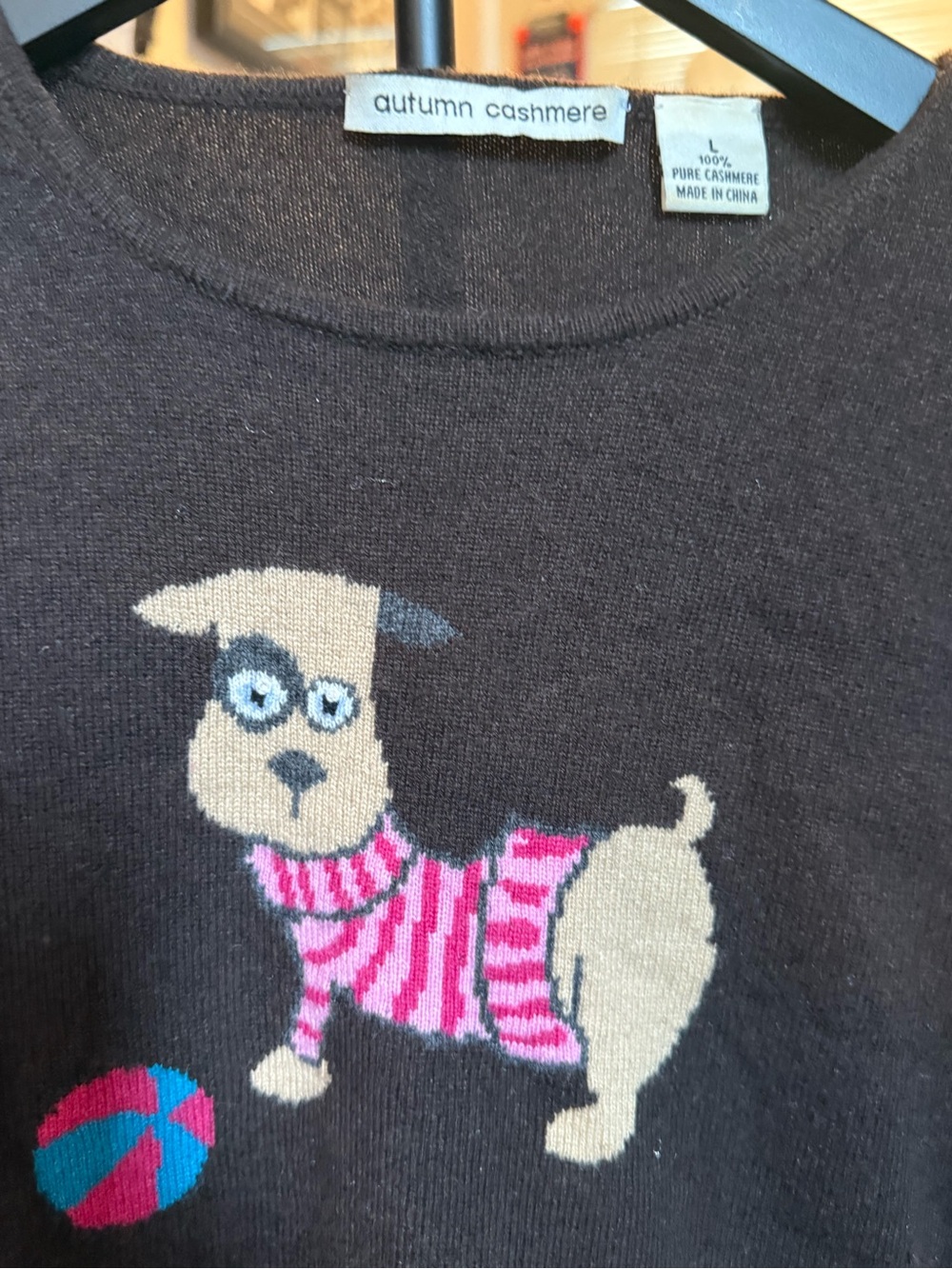 Autumn Cashmere Black Sweater with Beige Puppy in Pink Stripes